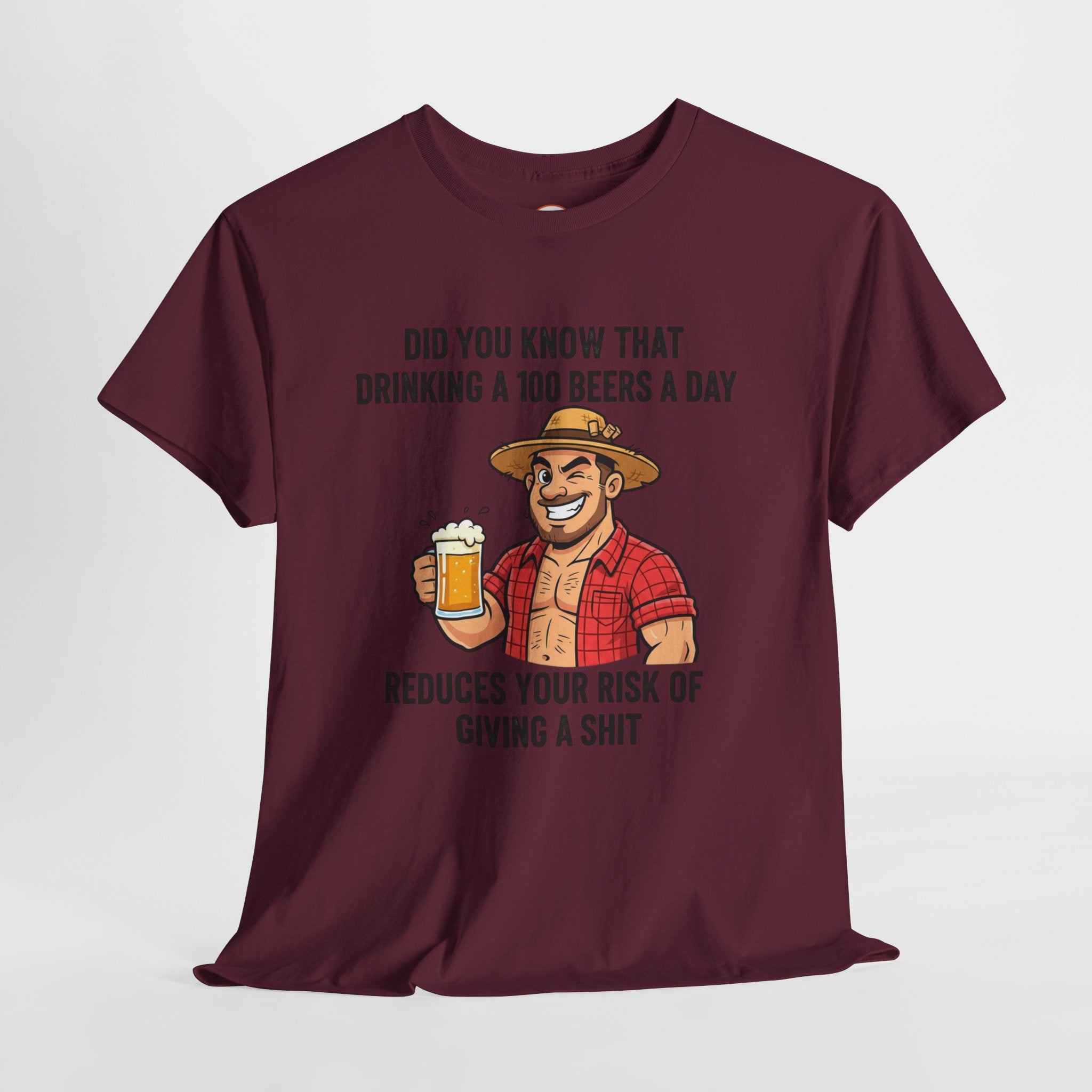 Beer Funny T-Shirt — "Did You Know That Drinking A 100 Beers A Day Reduces Your Risk Of Giving A Shit" Graphic Tee
