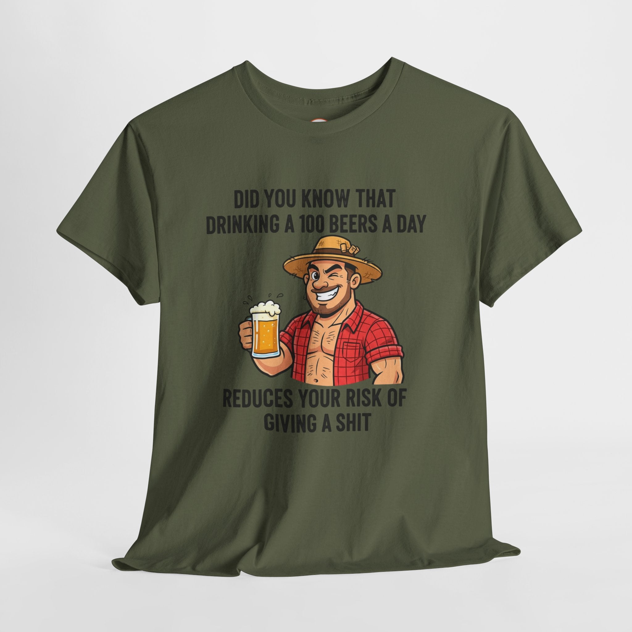 Beer Funny T-Shirt — "Did You Know That Drinking A 100 Beers A Day Reduces Your Risk Of Giving A Shit" Graphic Tee