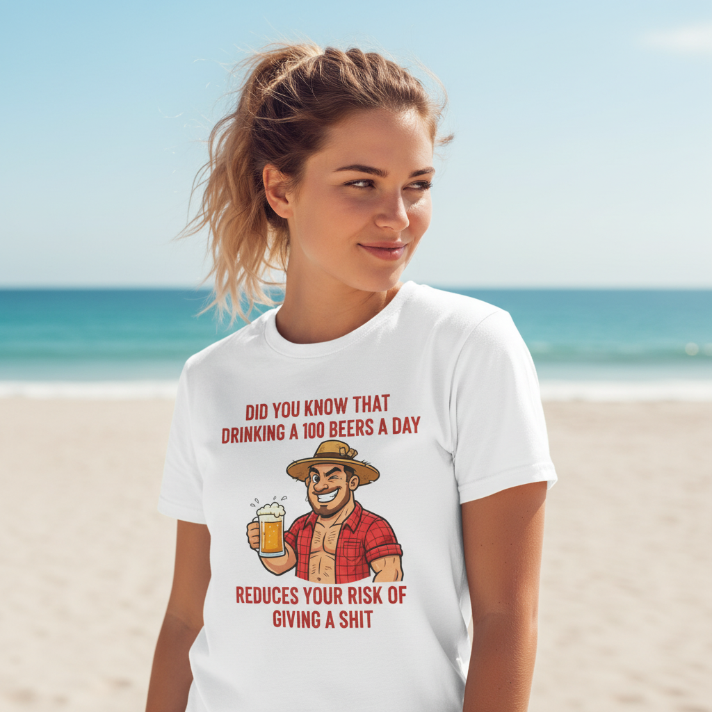 Funny beer drinking t-shirt with cheeky slogan "Did you know that drinking 100 beers a day reduces your risk of giving a shit" featuring a cartoon Aussie bloke holding a beer mug.