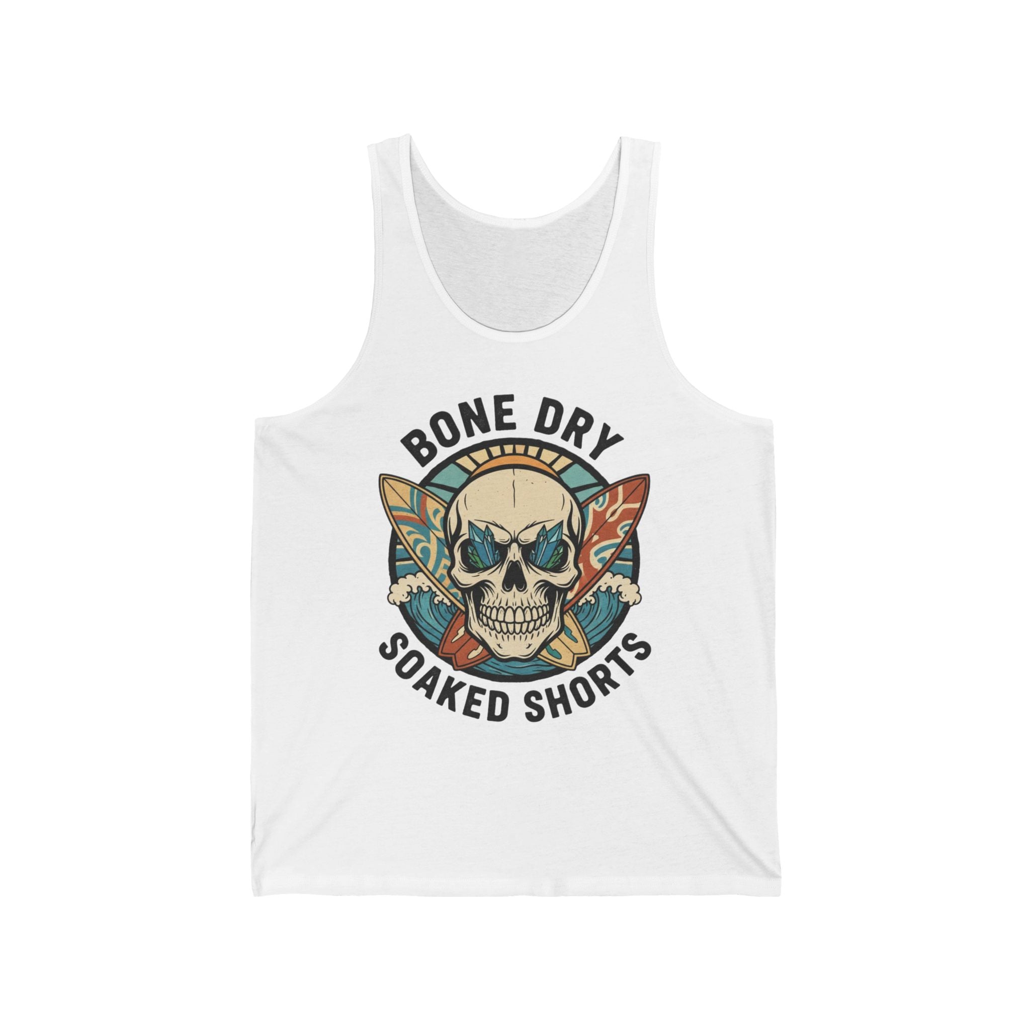 White unisex tank top with Bone Dry Soaked Shorts skull surf design, vintage surfboards, and cheeky Aussie humor by Cheeky Tees Co