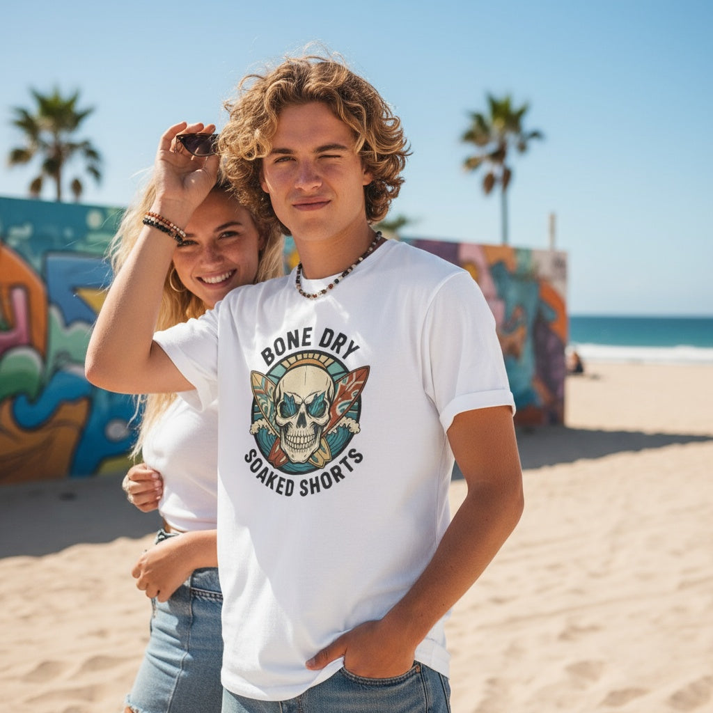 White unisex heavy cotton t-shirt with Bone Dry Soaked Shorts skull and surfboard design, cheeky Aussie graphic tee by Cheeky Tee Co