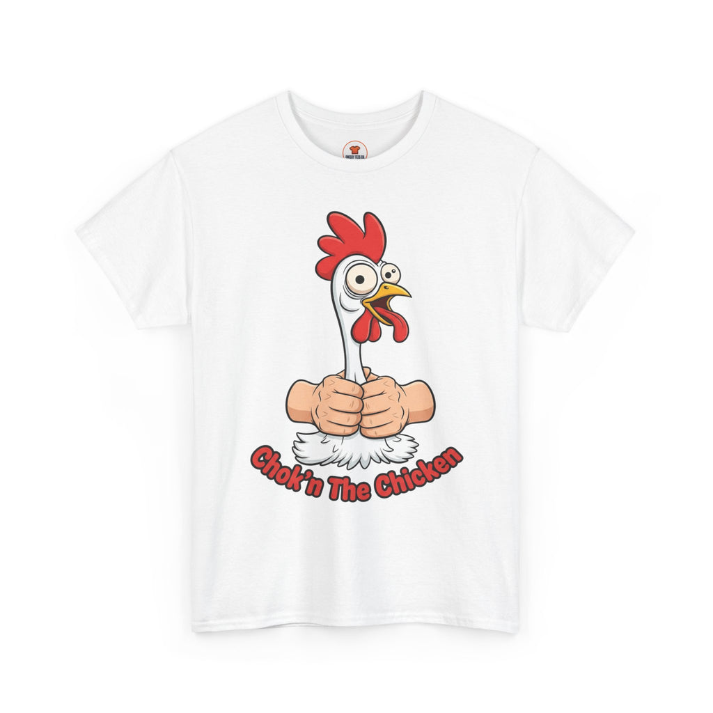 White t-shirt with cartoon chicken being squeezed and the text “Chok’n The Chicken” in bold red letters, funny adult humor design