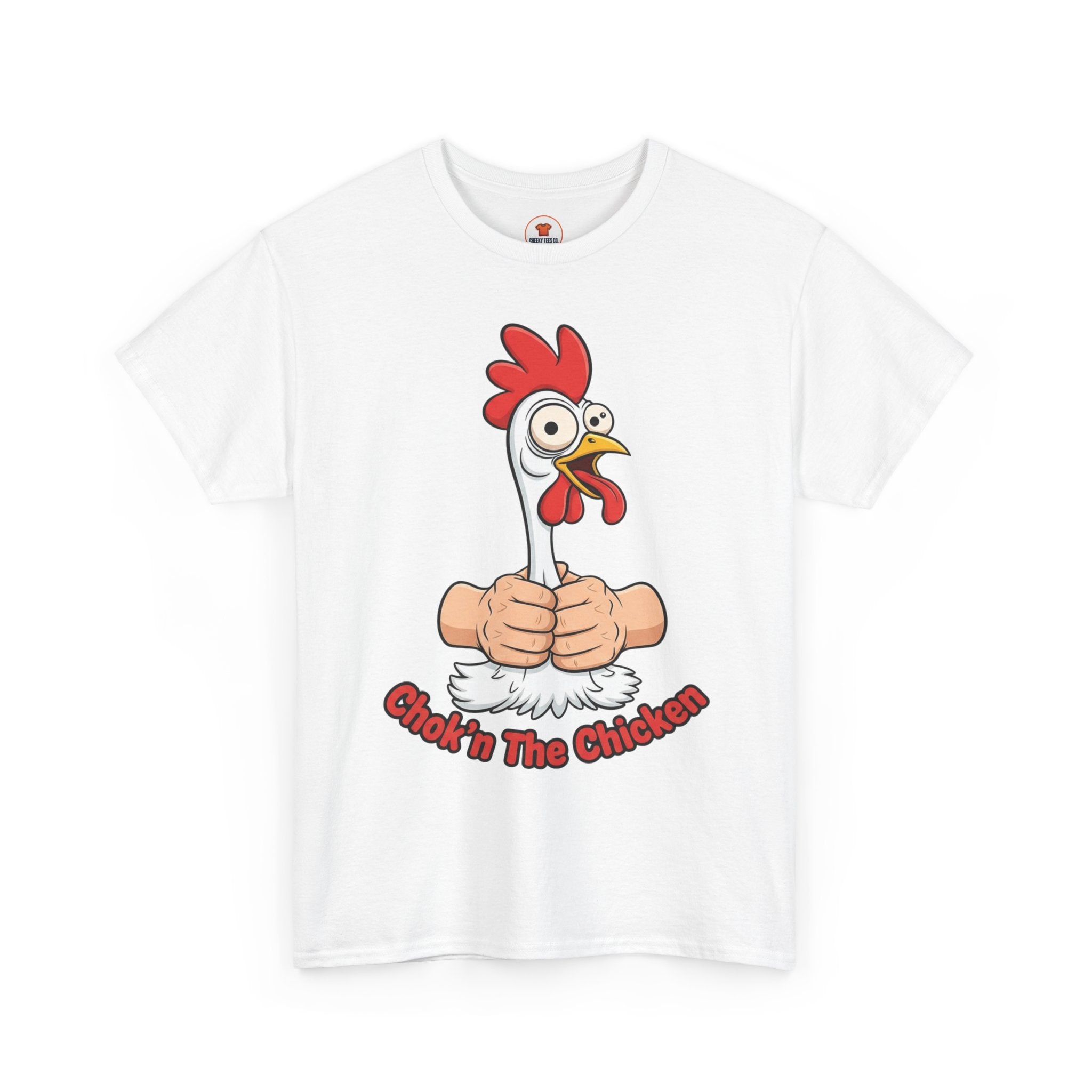 White t-shirt with cartoon chicken being squeezed and the text “Chok’n The Chicken” in bold red letters, funny adult humor design