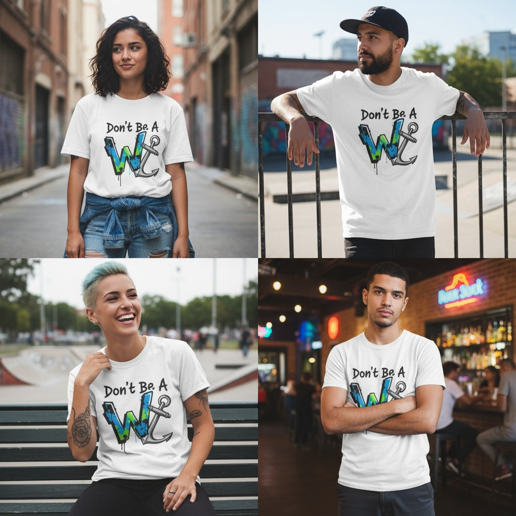 White t-shirt with “Don’t Be a W” and anchor graphic, funny inappropriate nautical shirt by Cheeky Tee Co