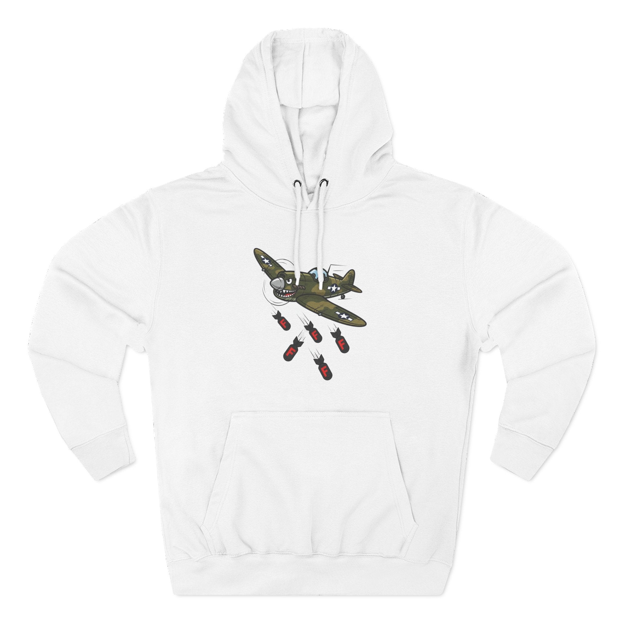 White fleece hoodie with cartoon vintage fighter plane dropping F-bombs, cheeky graphic by Cheeky Tees Co