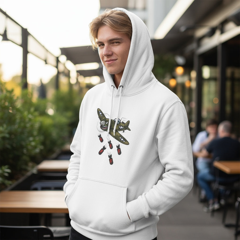 White fleece hoodie with cartoon vintage fighter plane dropping F-bombs, cheeky graphic by Cheeky Tees Co