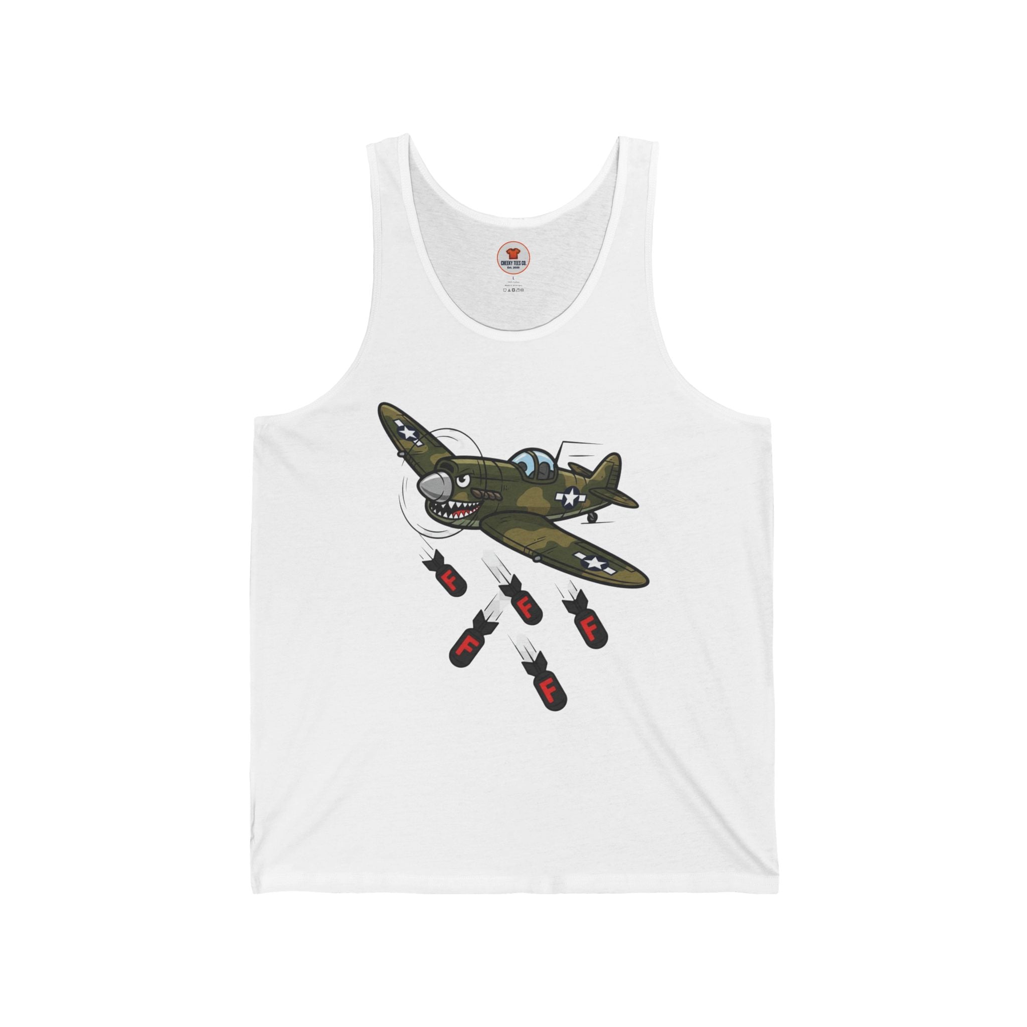 White unisex tank top with cartoon fighter plane dropping F-bombs, cheeky graphic by Cheeky Tees Co