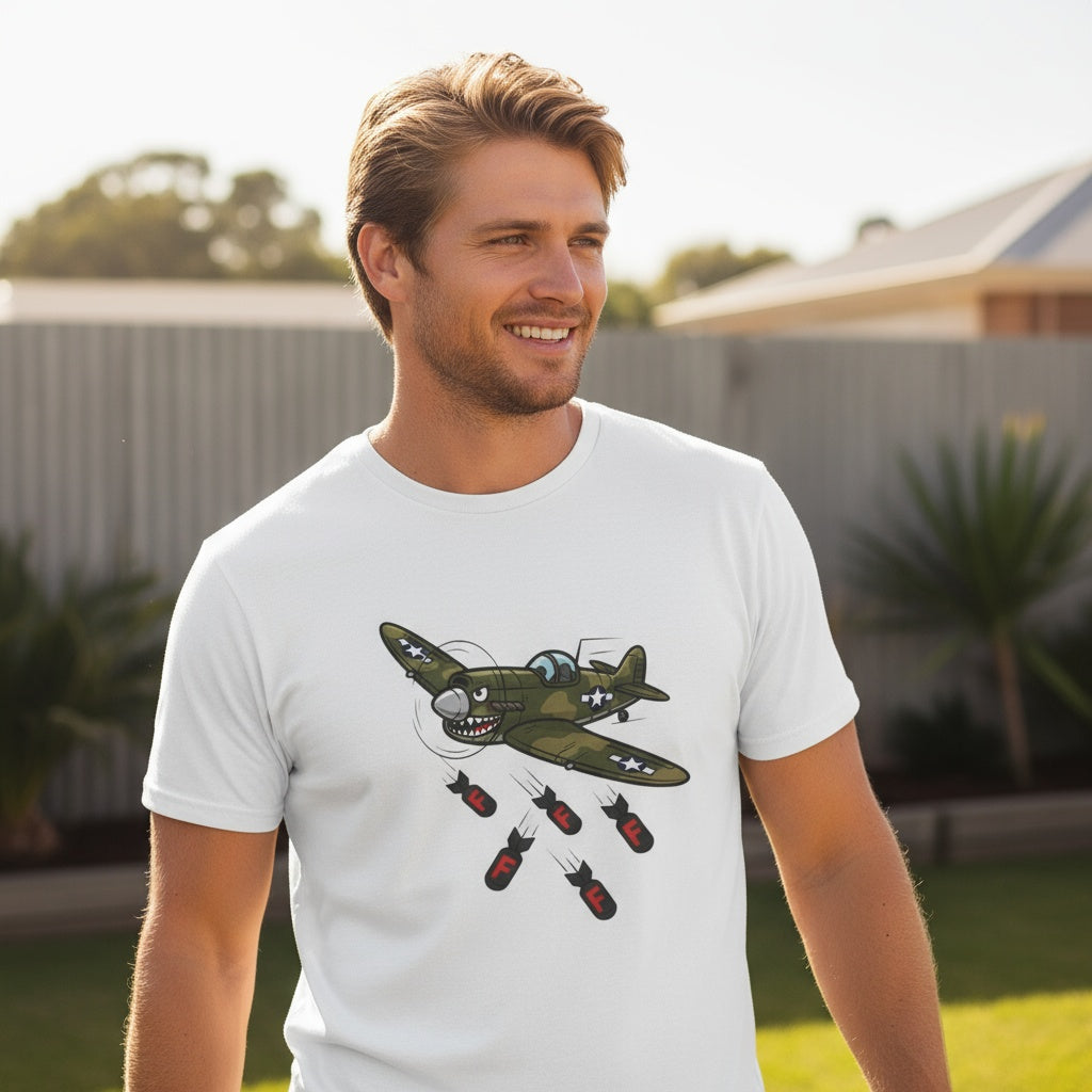 White unisex t-shirt with cartoon vintage fighter plane dropping F-bombs, cheeky graphic by Cheeky Tees Co