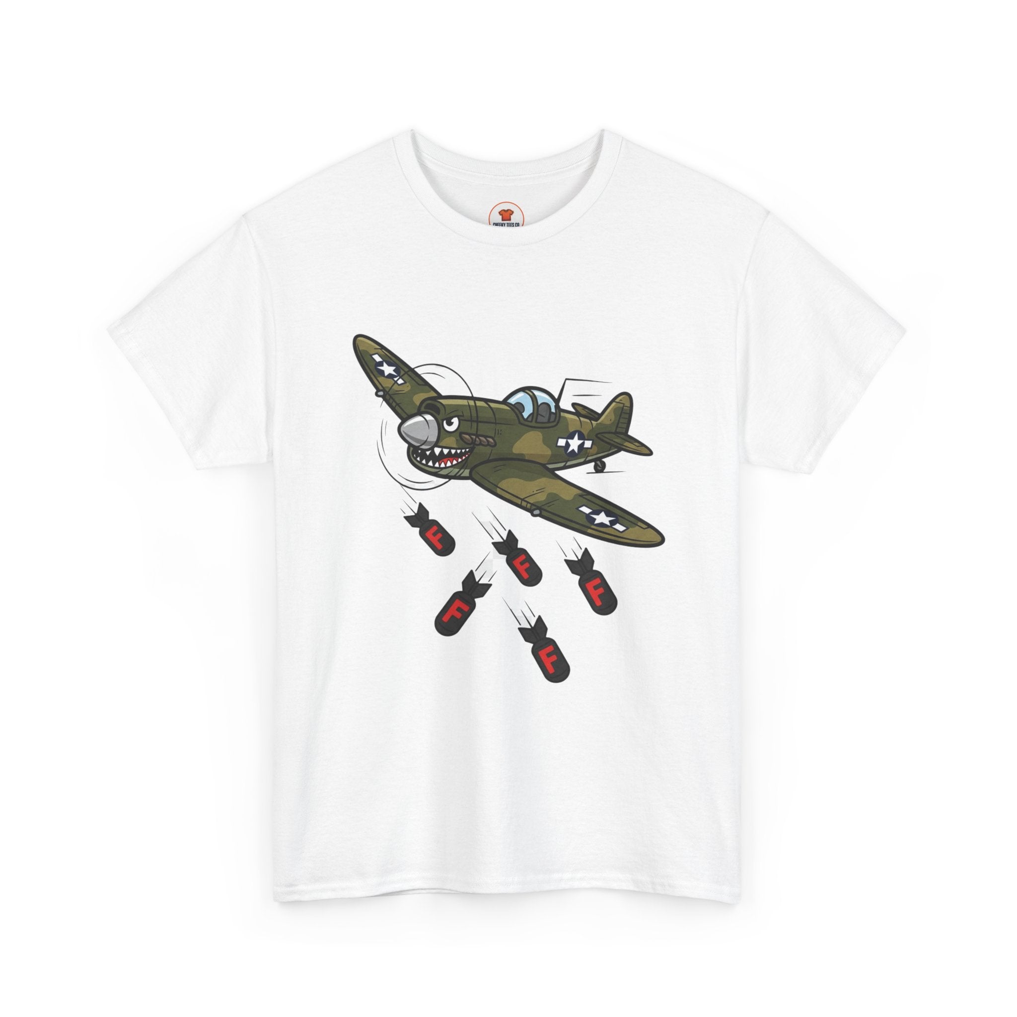 White unisex t-shirt with cartoon vintage fighter plane dropping F-bombs, cheeky graphic by Cheeky Tees Co