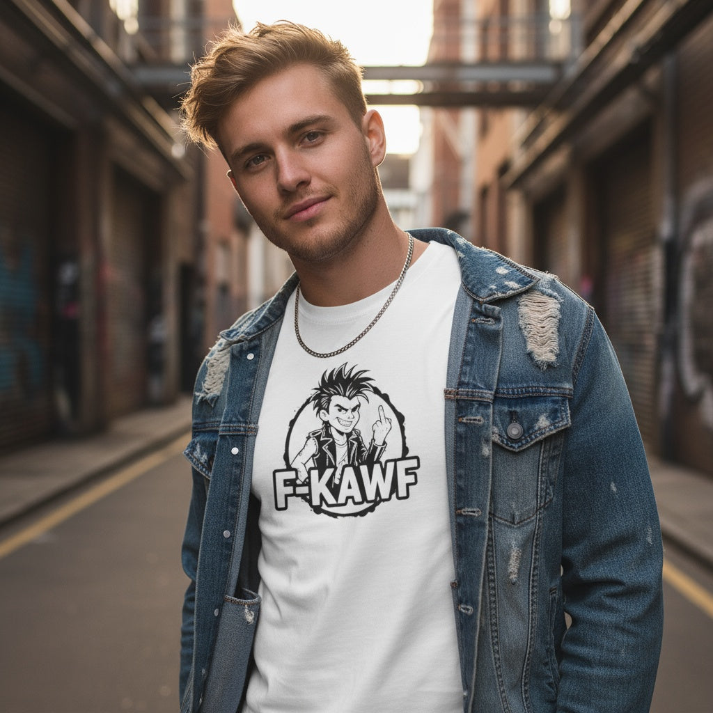 White t-shirt with F-KAWF punk cartoon and middle finger graphic, cheeky attitude design by Cheeky Tees Co