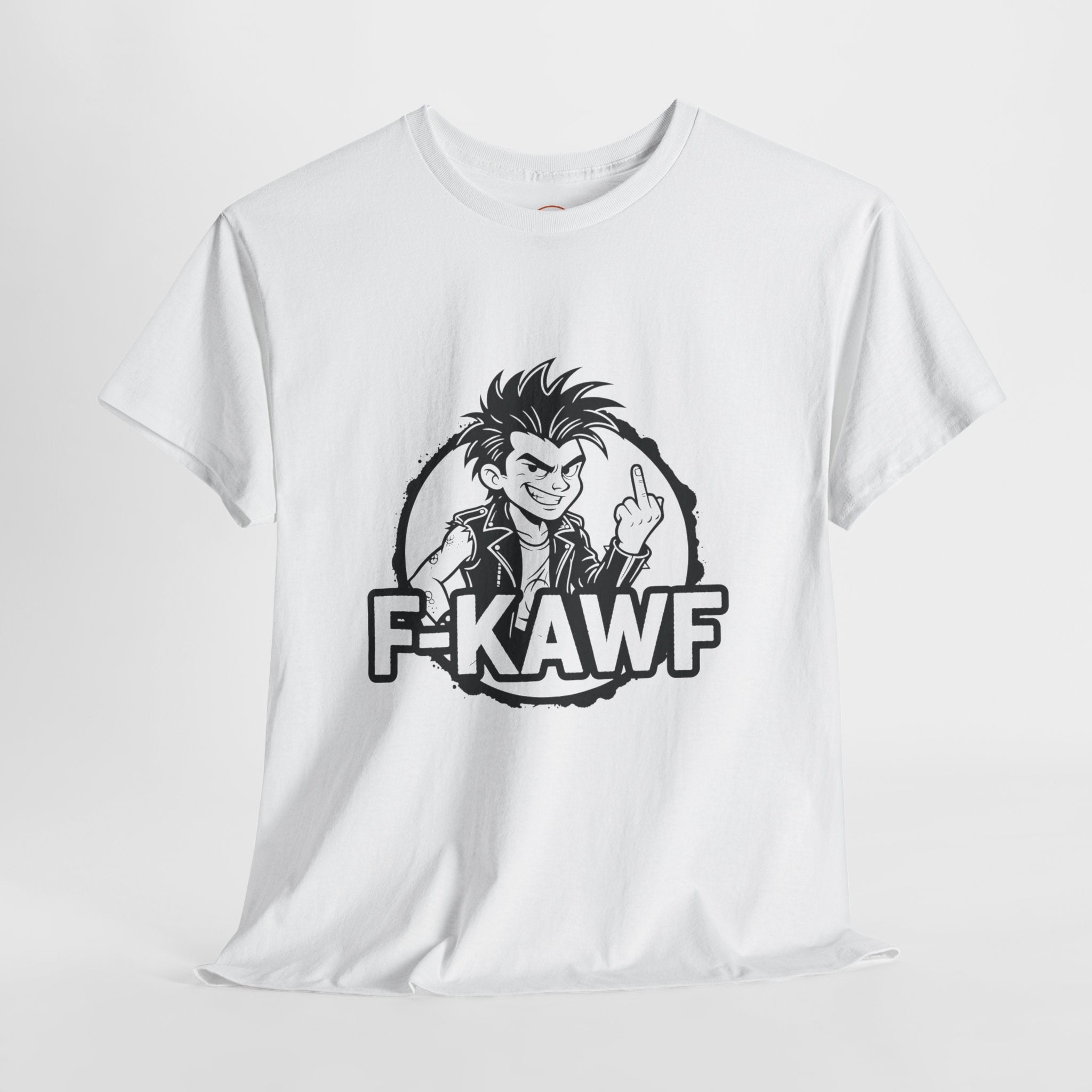 White t-shirt with F-KAWF punk cartoon and middle finger graphic, cheeky attitude design by Cheeky Tees Co