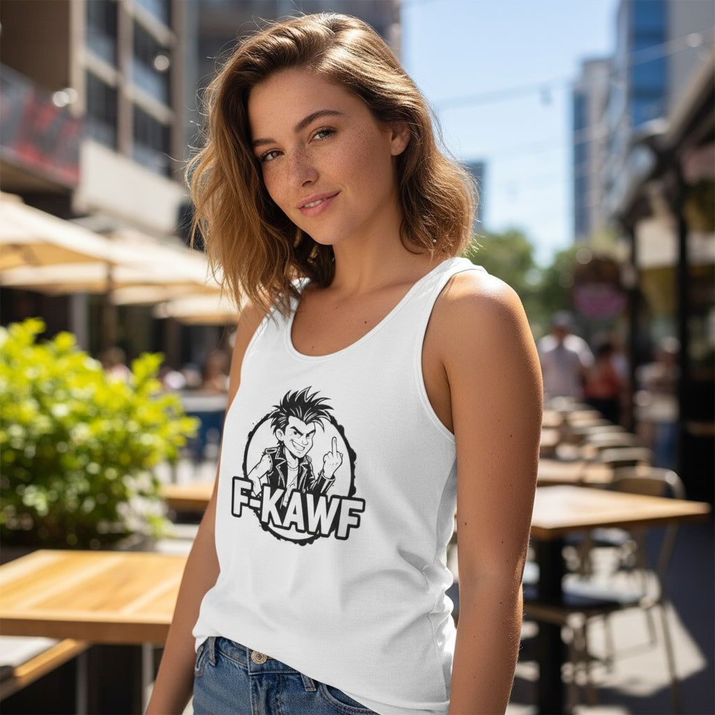 White unisex tank top with F-KAWF punk cartoon and middle finger graphic, cheeky attitude design by Cheeky Tees Co