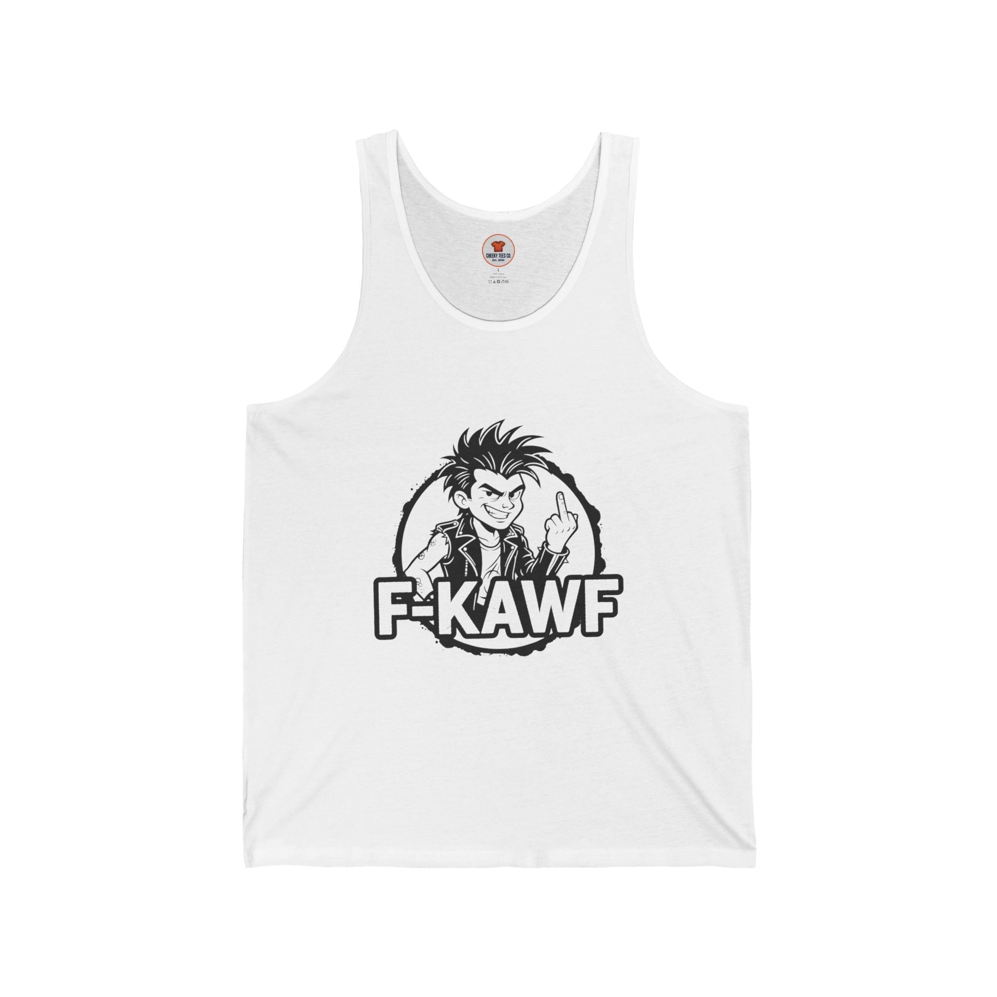 White unisex tank top with F-KAWF punk cartoon and middle finger graphic, cheeky attitude design by Cheeky Tees Co
