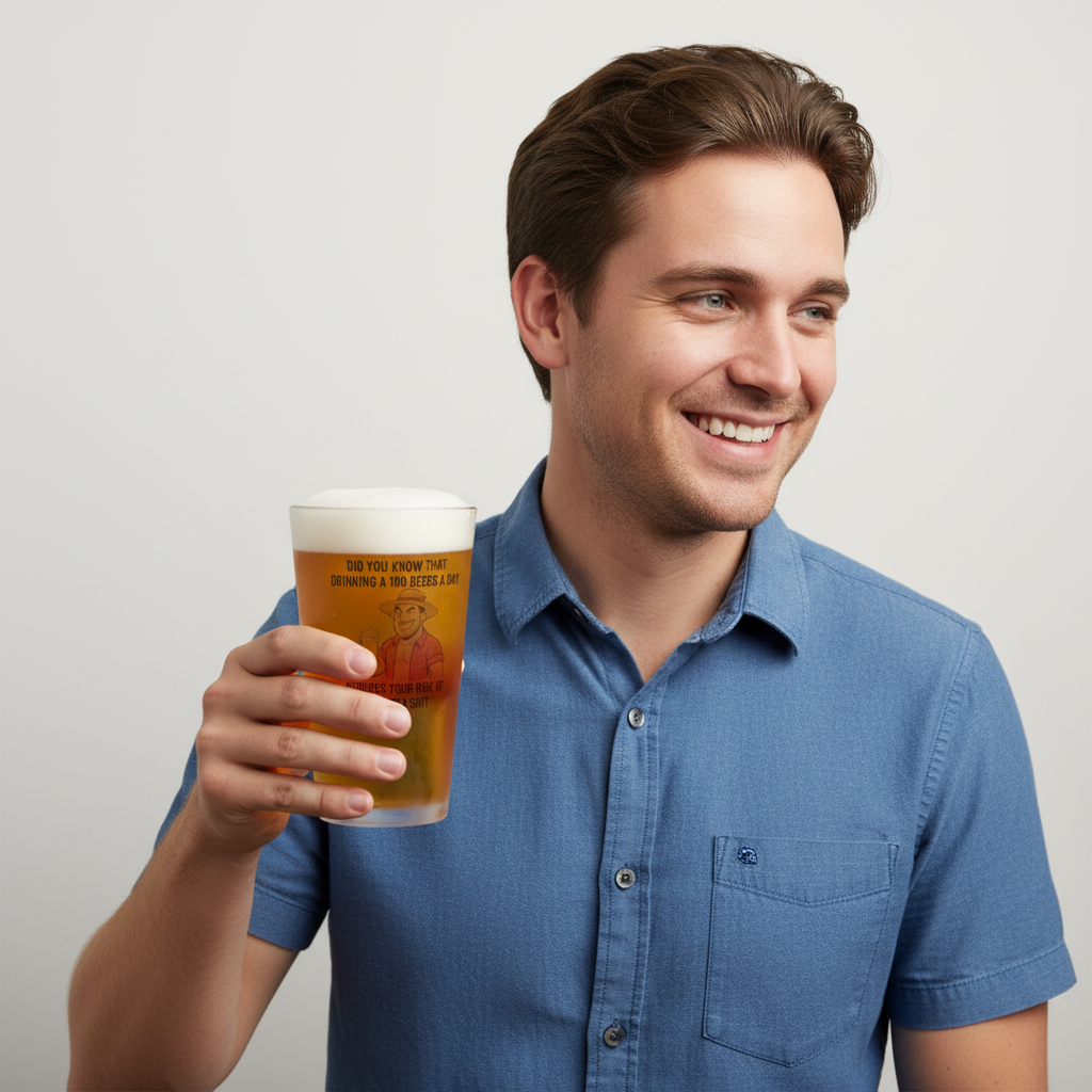 Frosted 16oz beer glass with cheeky Aussie cartoon and text “Did you know that drinking a 100 beers a day reduces your risk of giving a shit”