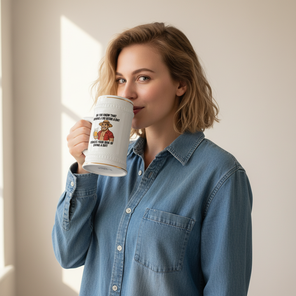 Vintage white ceramic beer stein mug with gold trim and cheeky Aussie cartoon and text “Did you know that drinking a 100 beers a day reduces your risk of giving a shit”