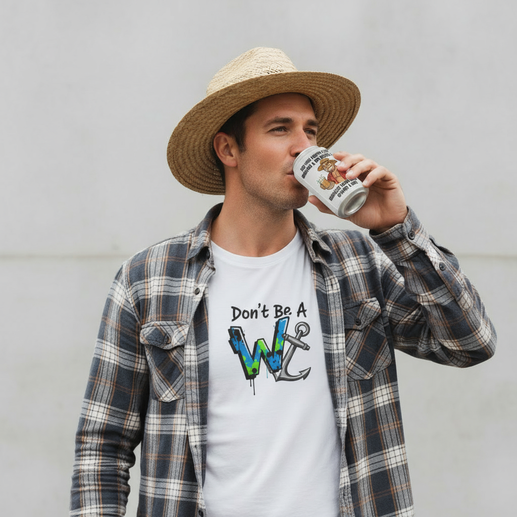 Funny Aussie stubby cooler with cheeky cartoon and text “Did you know that drinking a 100 beers a day reduces your risk of giving a shit”