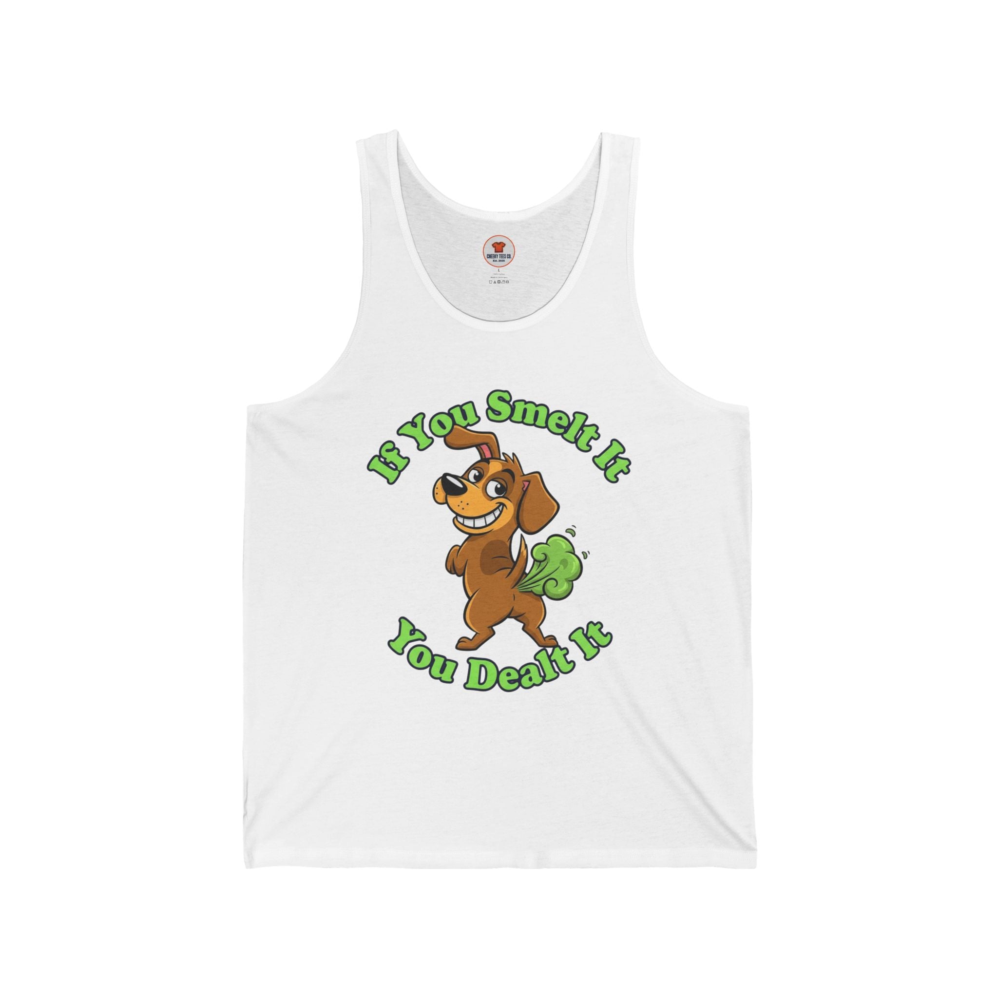 White unisex jersey tank top featuring a cartoon farting dog with green gas cloud and the phrase ‘If You Smelt It You Dealt It.’ Funny, cheeky men’s tank by Cheeky Tee Co.