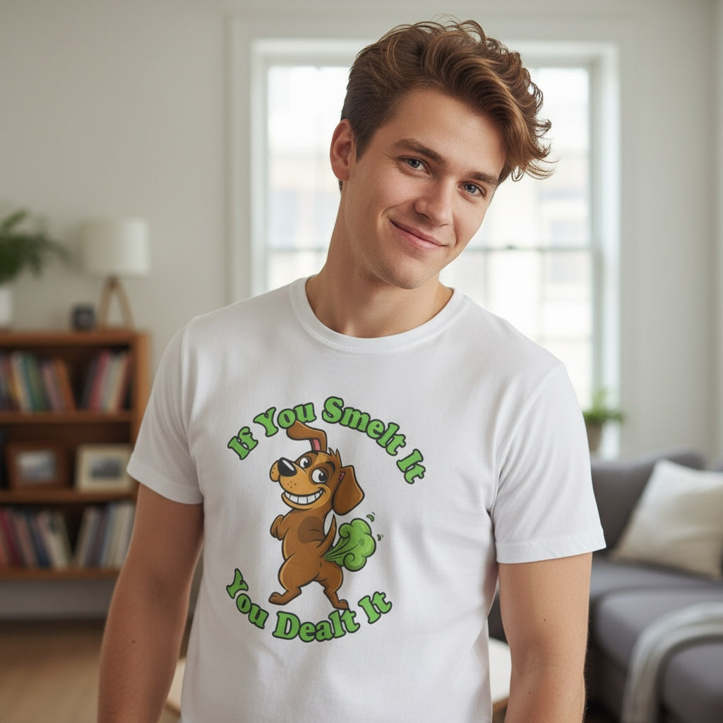 White unisex heavy cotton t-shirt with a cartoon farting dog and the phrase ‘If You Smelt It You Dealt It’ in bold green text. Funny, cheeky gift shirt by Cheeky Tee Co.