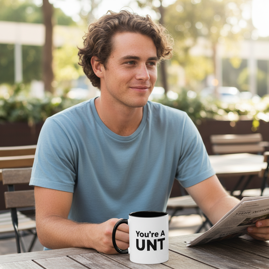 Rude funny coffee mug with black handle and interior printed with bold text “You’re A UNT” on white ceramic