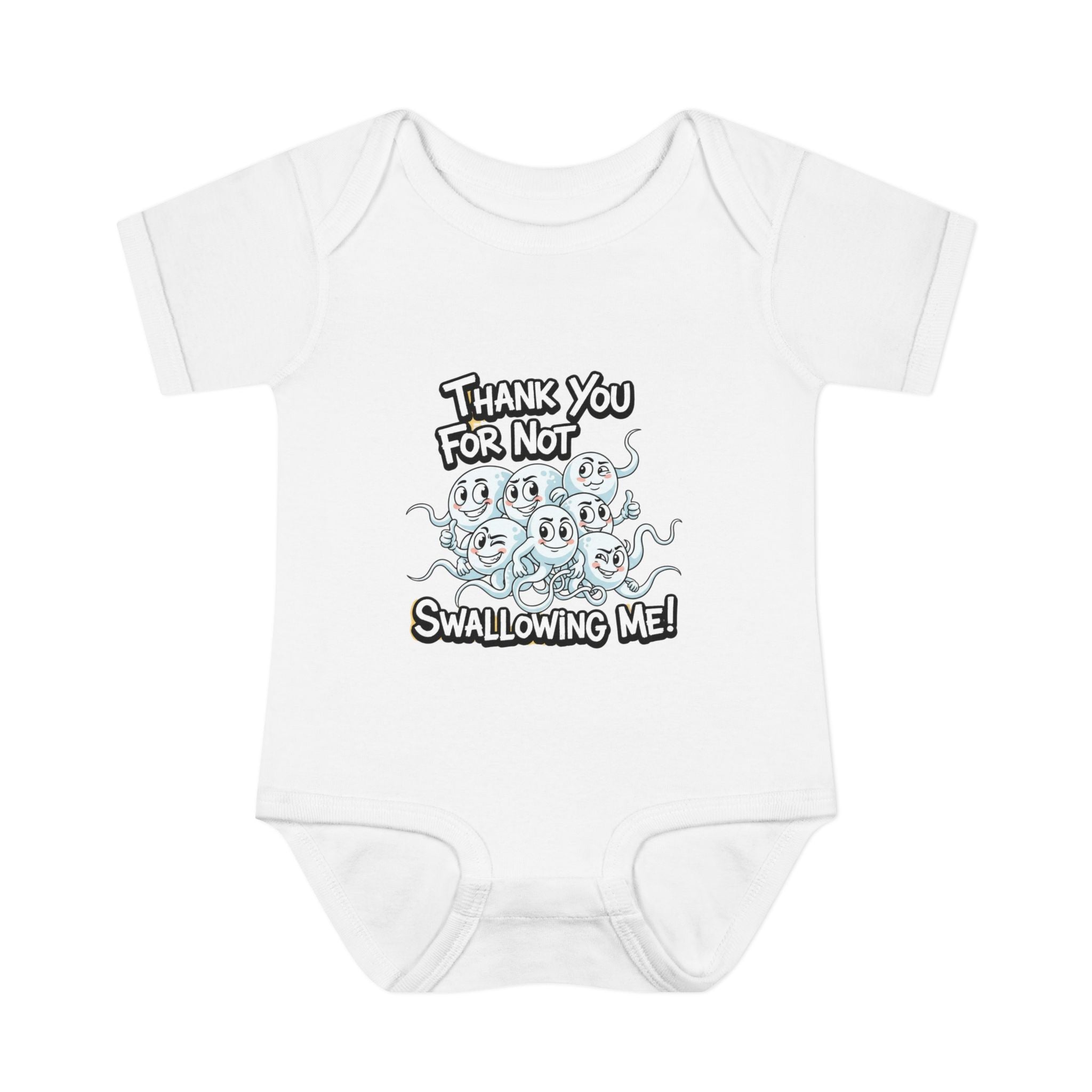 White infant bodysuit with “Thank You For Not Swallowing Me” and cartoon sperm design, funny inappropriate baby gift by Cheeky Tees Co
