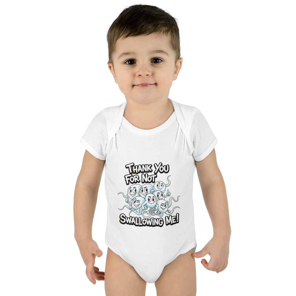 White infant bodysuit with “Thank You For Not Swallowing Me” and cartoon sperm design, funny inappropriate baby gift by Cheeky Tees Co
