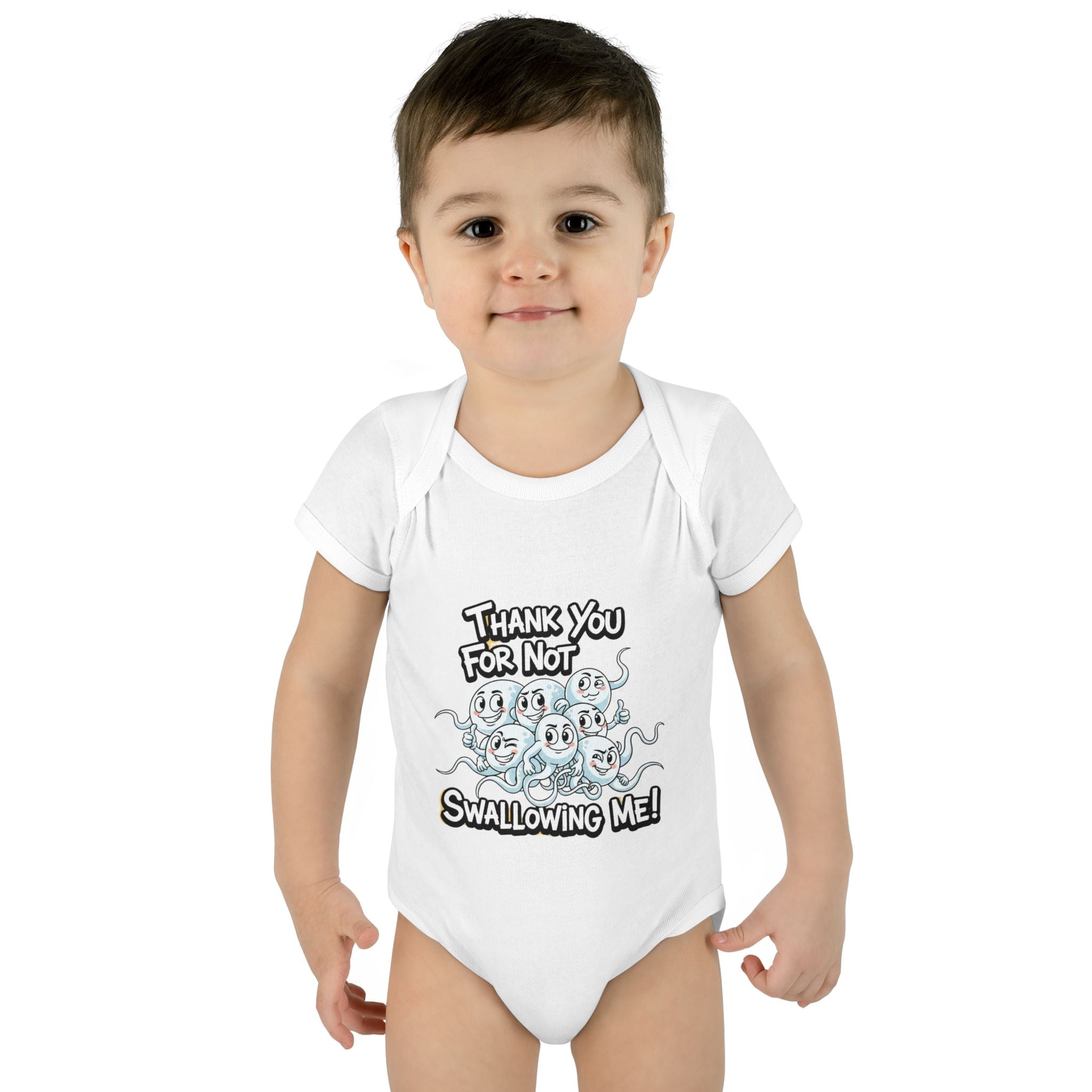White infant bodysuit with “Thank You For Not Swallowing Me” and cartoon sperm design, funny inappropriate baby gift by Cheeky Tees Co