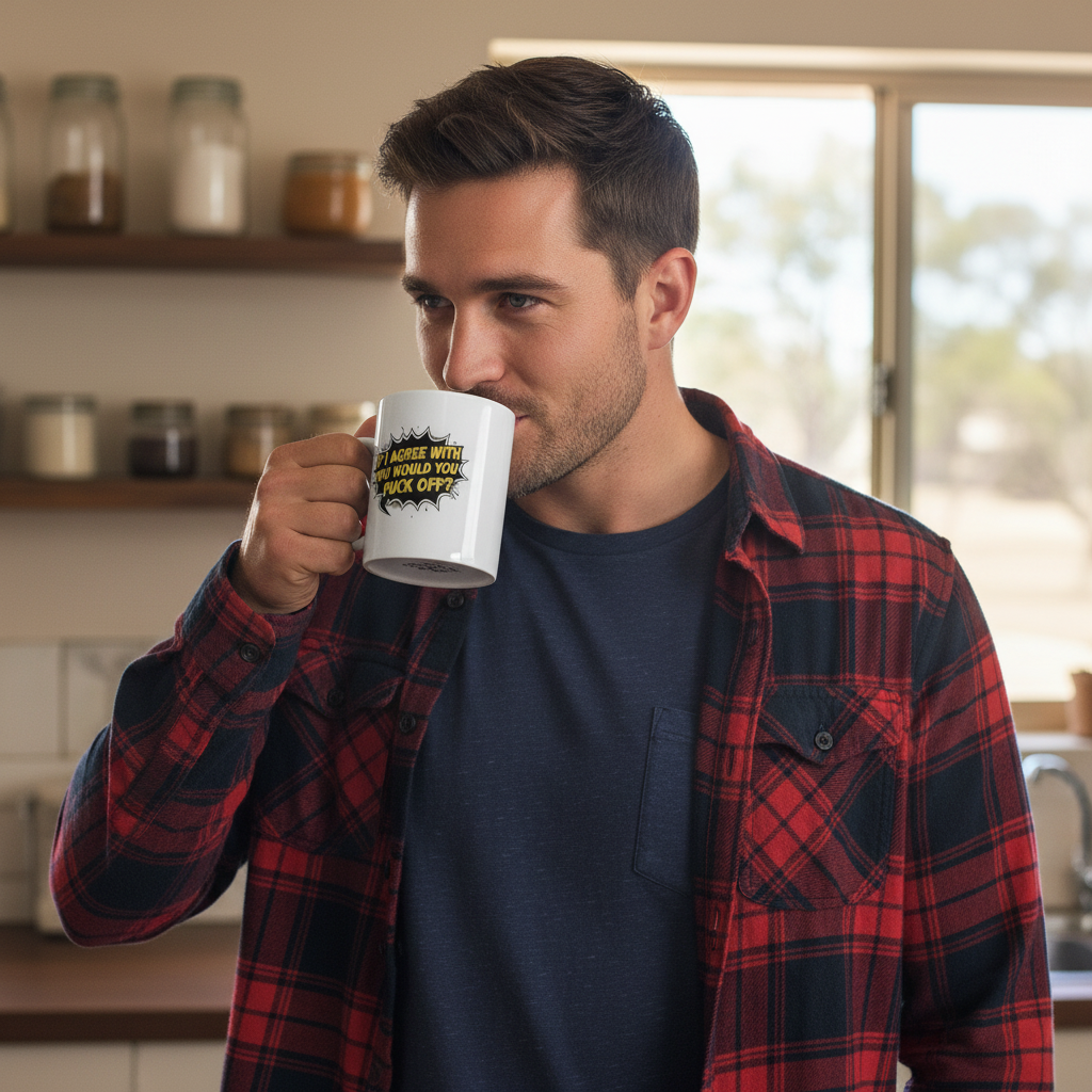 White ceramic coffee mug with bold comic-style text “If I agree with you would you fuck off?” in yellow and black