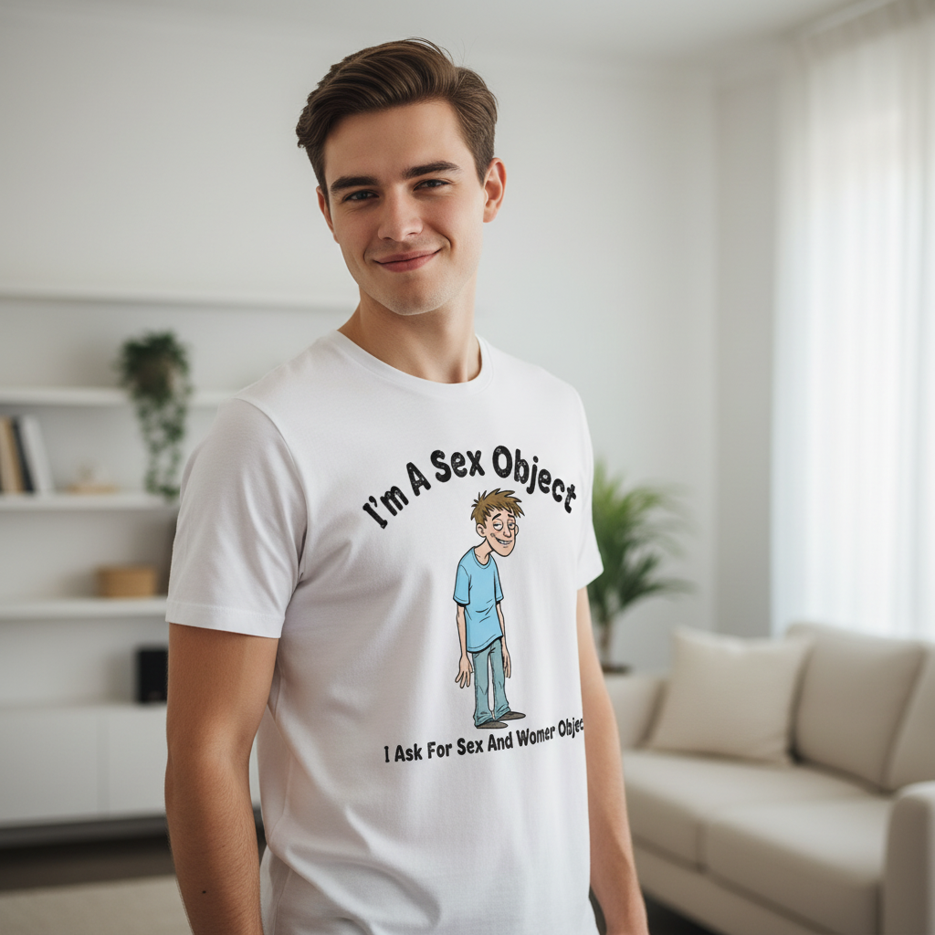 Cartoon of awkward man in blue shirt with text “I’m A Sex Object: I Ask For Sex And Women Object” – adult humor design
