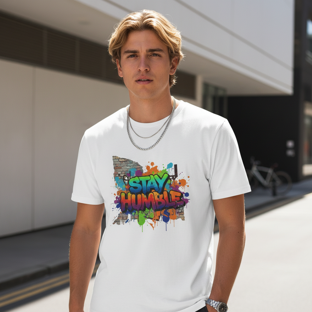 White t-shirt with colorful graffiti-style “Stay Humble” text and paint splatter background, streetwear design