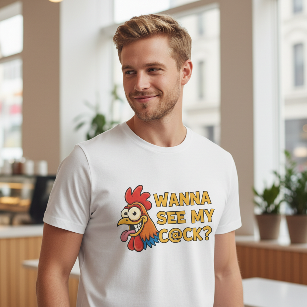White t-shirt with cartoon chicken and bold text “Wanna See My C@ck?” in yellow, funny adult humor design